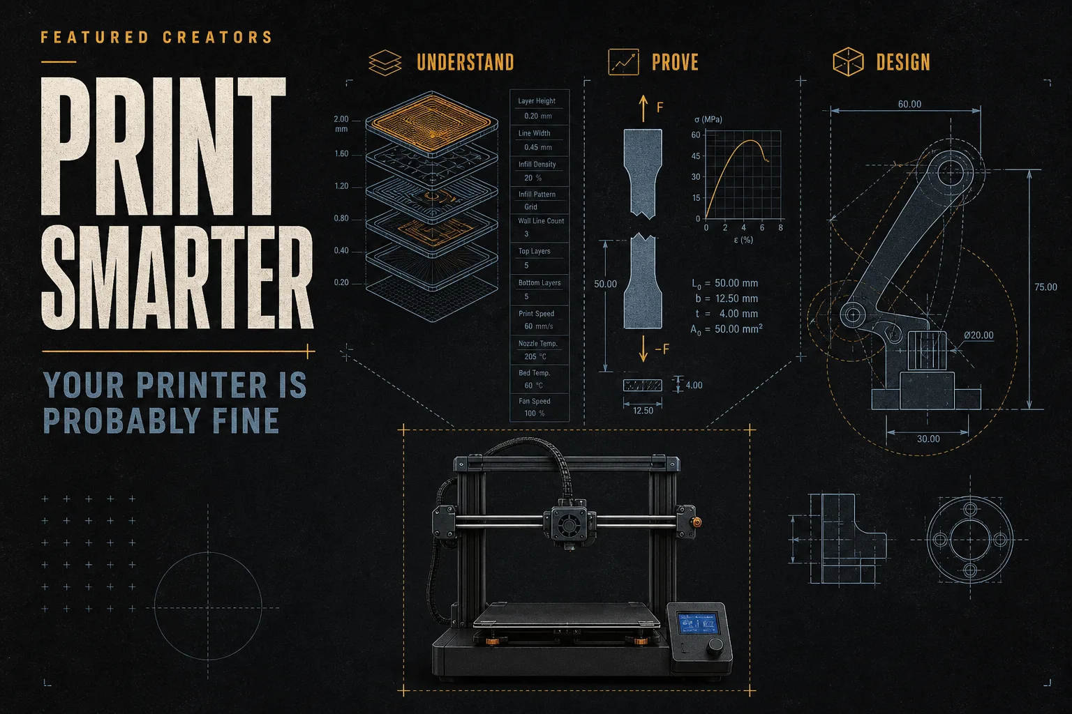 Editorial art: a calm desktop printer in a dotted box, surrounded by slicer layers, a broken test coupon, and CAD construction lines. Type reads PRINT SMARTER / YOUR PRINTER IS PROBABLY FINE.
